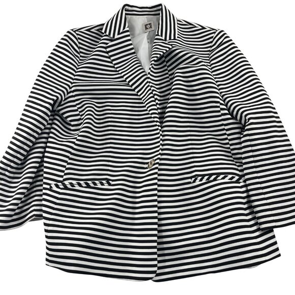 Anne Klein Size Large Lined Black White Striped Blazer Jacket Thick Knit - Picture 1 of 5